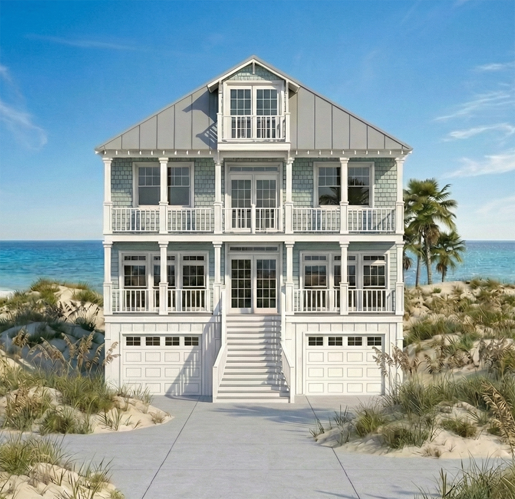 Beach house with white railings, beach sand, and palm trees in the background near the ocean under a blue sky.