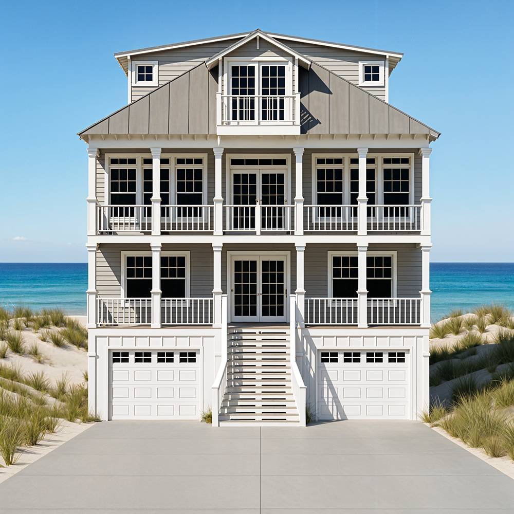 A multi-story beach house with an exterior staircase leading to the main entrance, two garages at the bottom, and large windows with balconies. The house is near the beach, with sand and ocean visible in the background.