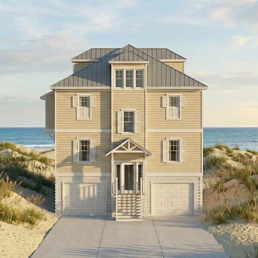 A large three-story beach house with beige siding, white trim, and a metal roof, situated on sandy dunes with grass, overlooking the ocean under a partly cloudy sky.