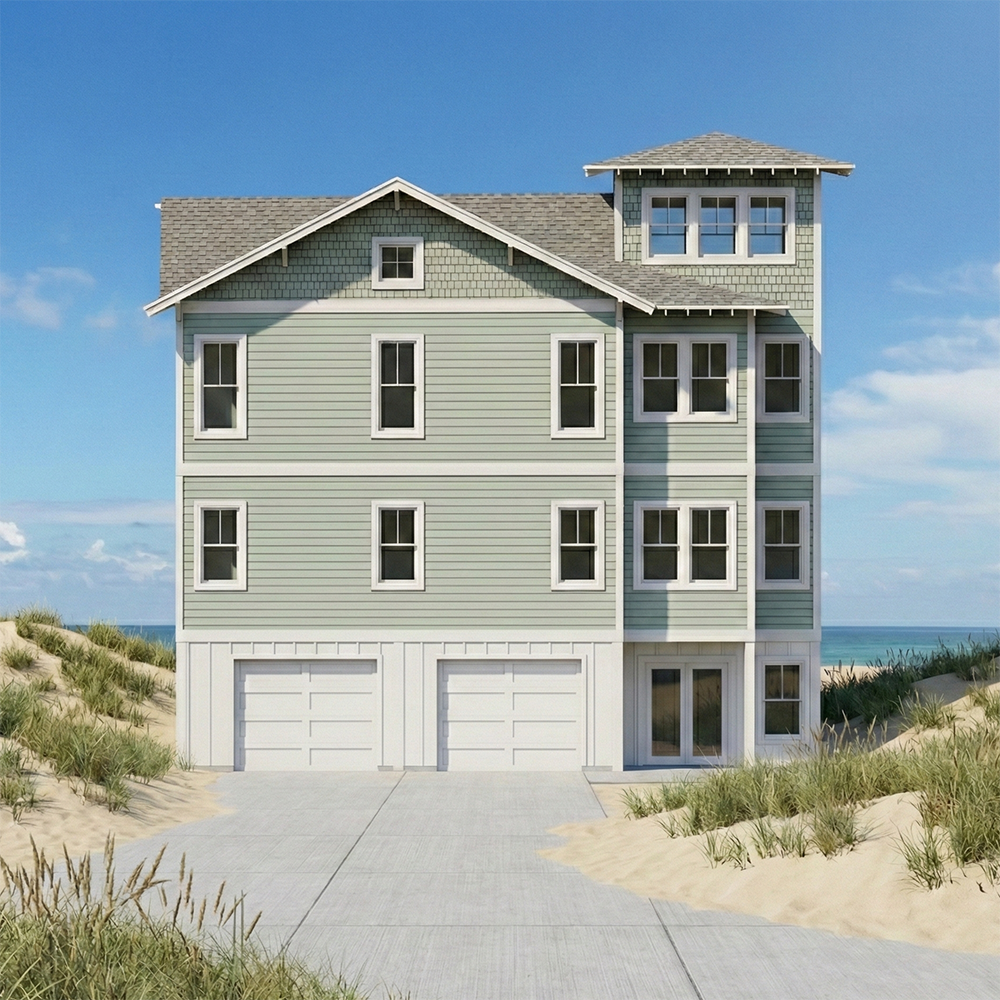 Beach house with multiple levels and garages, sandy dunes with grass in front, ocean in background, clear blue sky.