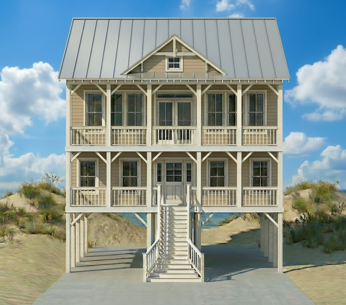 A three-story beach house with a staircase leading to the entrance, situated on sandy dunes with sparse vegetation under a blue sky with clouds.