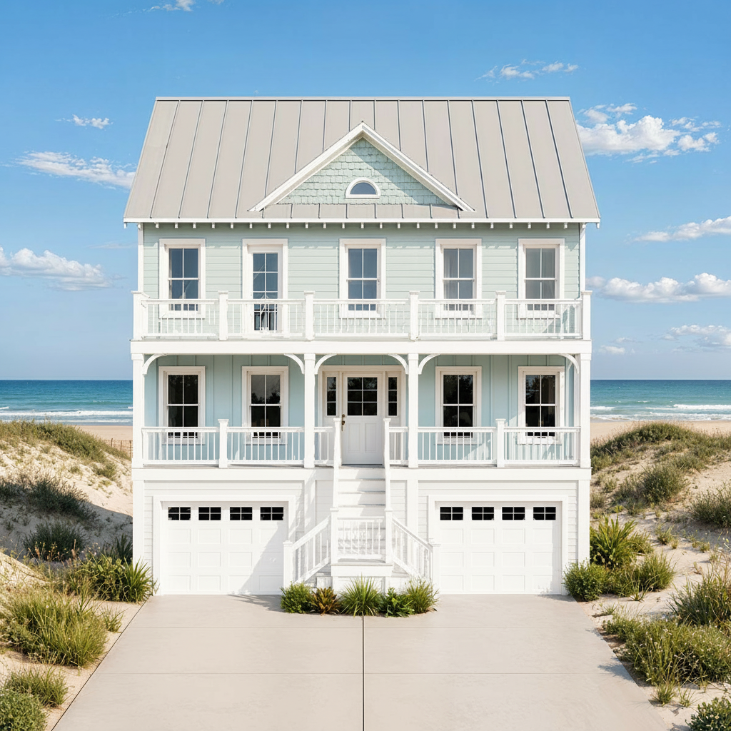 A three-story beach house with a pastel blue exterior, white trim, and a metal roof, situated near the ocean with sandy dunes and sea grass in the foreground.