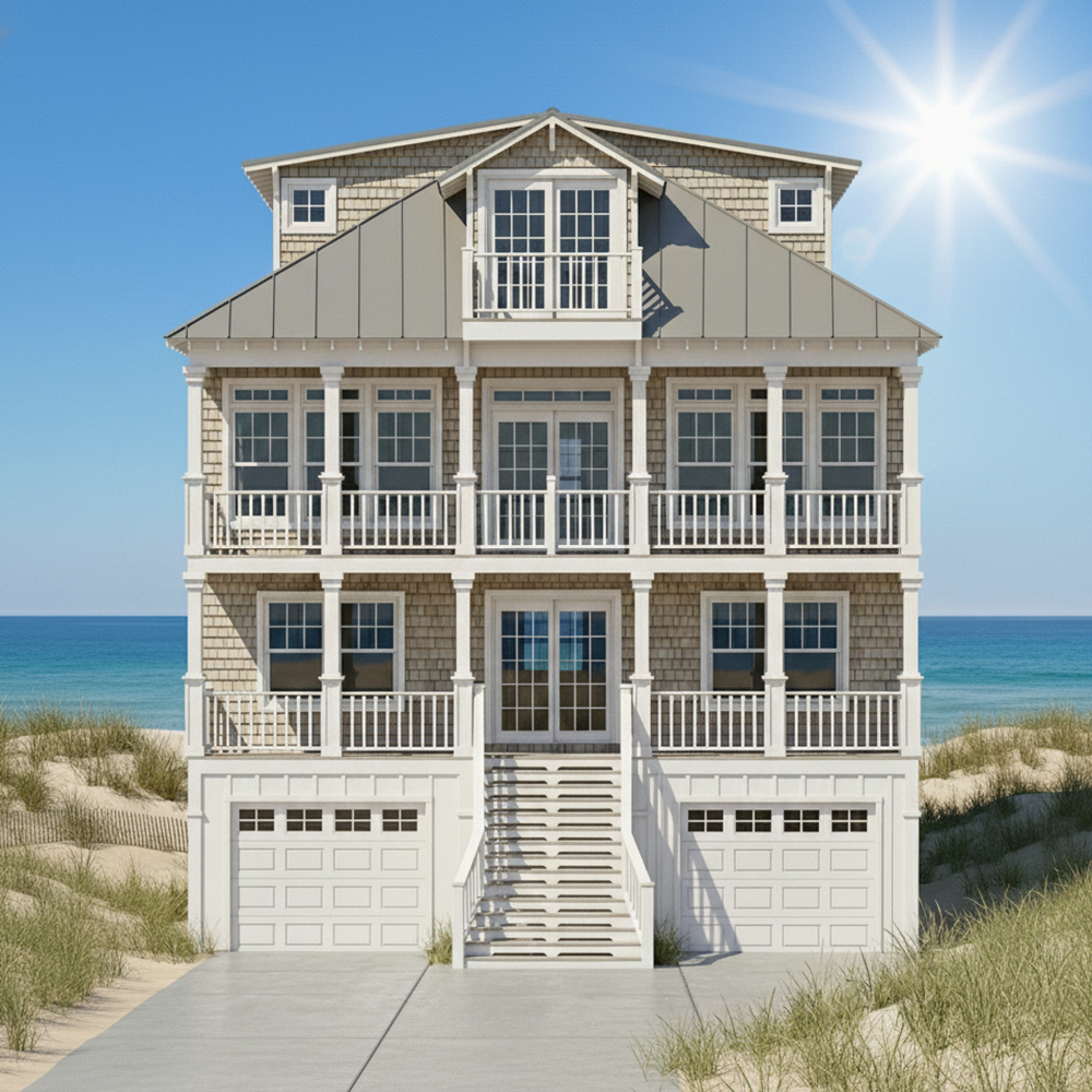 A multi-story beach house with an exterior staircase leading to the main entrance, two garages at the bottom, and large windows with balconies. The house is near the beach, with sand and ocean visible in the background.