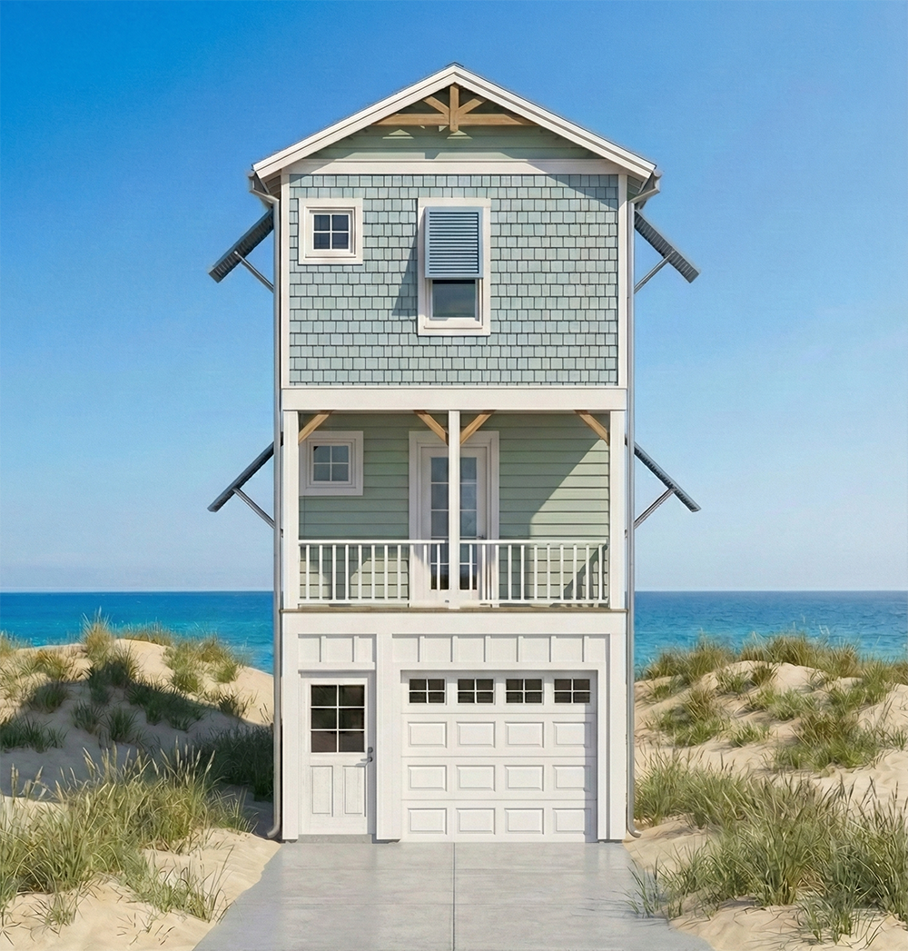A three-story beach house with a garage, balcony, and multiple windows, situated on sand dunes near the ocean with a clear blue sky.