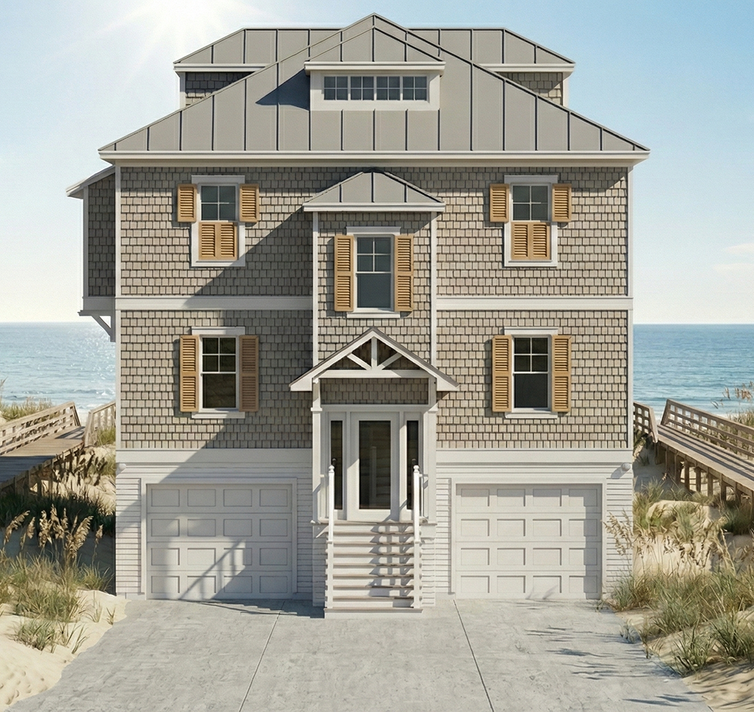 A large, three-story beach house with a gray metal roof, beige shingle siding, and yellow shutters, with an ocean in the background.