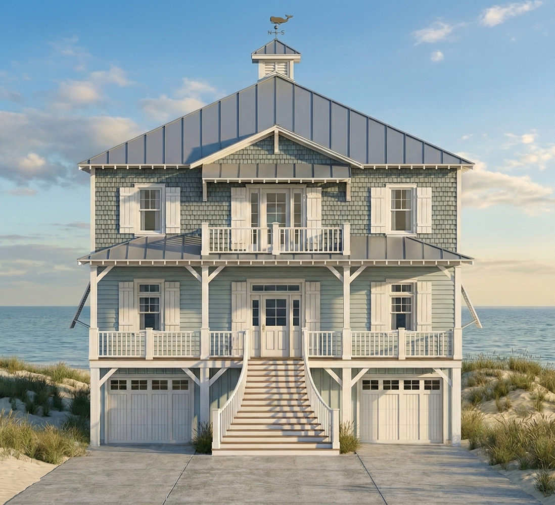 A three-story beach house with a staircase leading to the front door, surrounded by sand and grass, with the ocean and sky in the background.