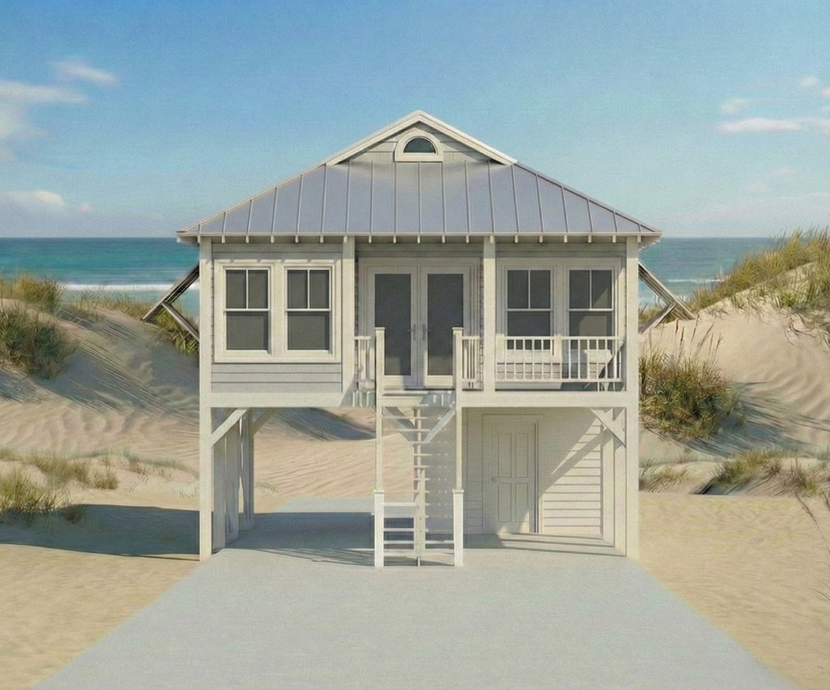 A beach house on stilts with a staircase leading up to a front door, surrounded by sand dunes and grass, with the ocean and sky in the background.