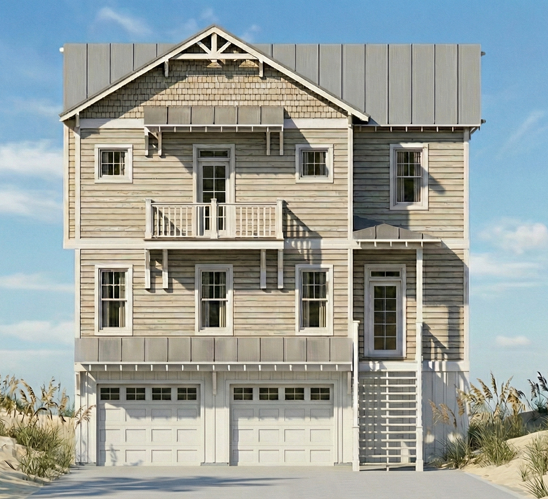 A three-story house with beige wooden siding, white trim, and a gray metal roof, featuring multiple windows, a balcony on the second floor, a stairway on the right side, and a two-car garage at the bottom, set against a blue sky and sandy landscape w
