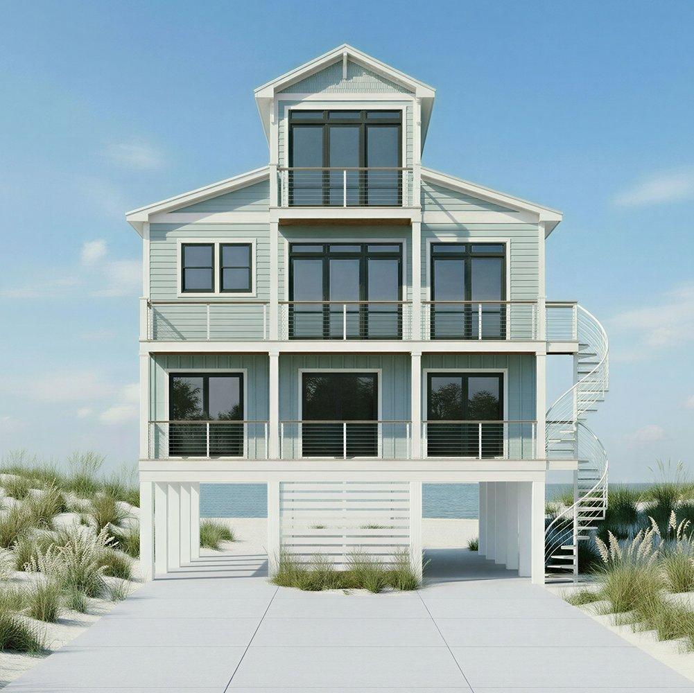 Modern seaside house with multiple balconies, glass doors, and a spiral staircase on the right side.