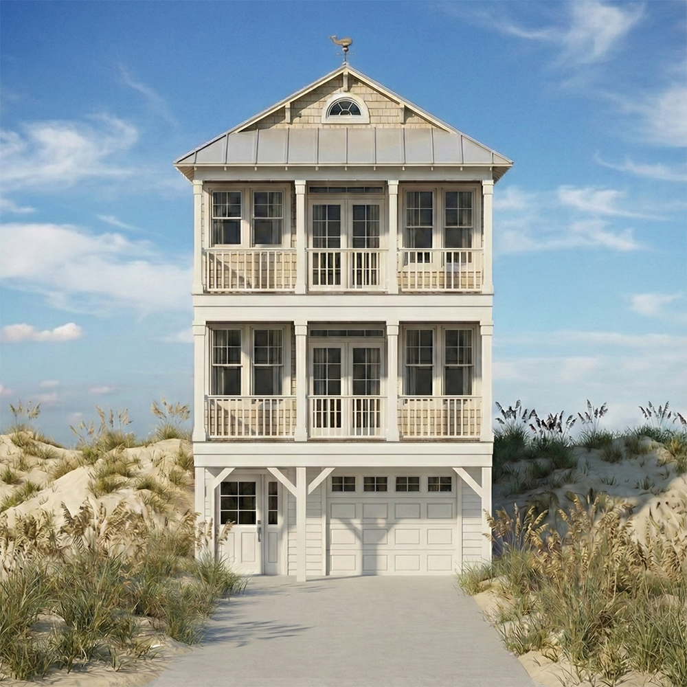 A multi-story beach house with a garage on the ground level, surrounded by sand dunes and beach grass, under a blue sky with clouds.