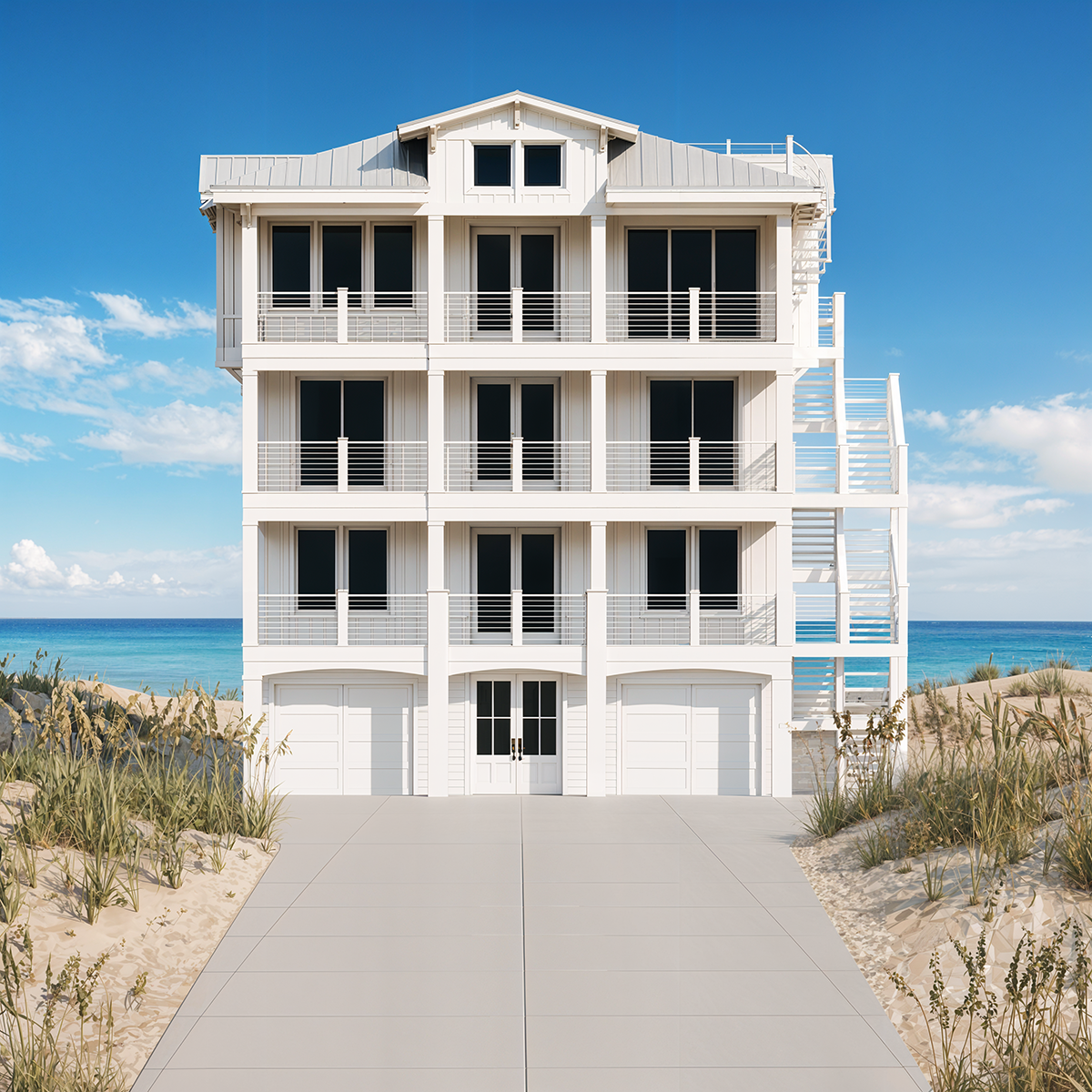 A modern beach house with four levels, including garages on the ground floor, sand dunes with grass on either side, and the ocean in the background under a blue sky.