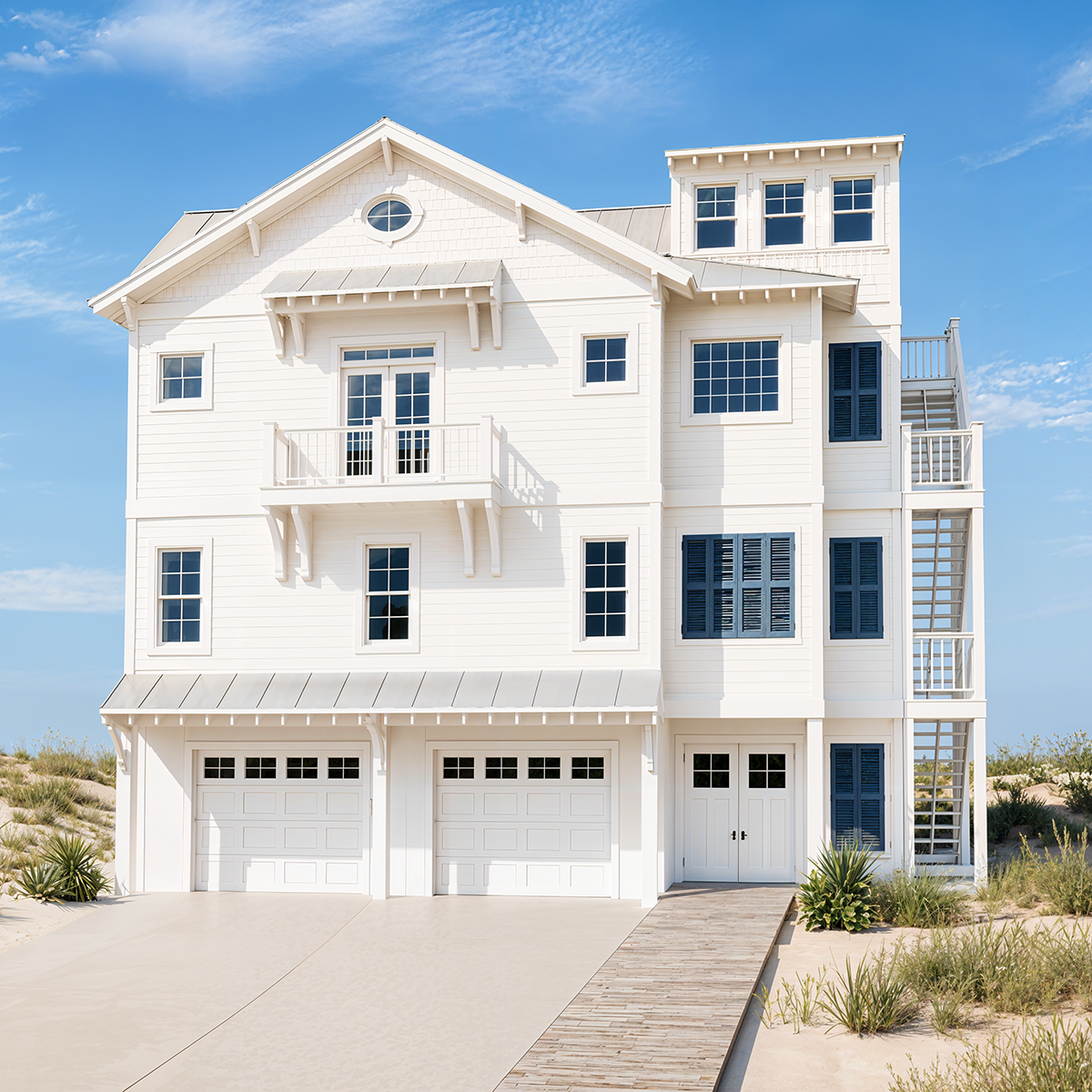 A white multi-story beach house with two garage doors, several windows, and outdoor staircases set in a beach landscape with sandgrass under a blue sky.