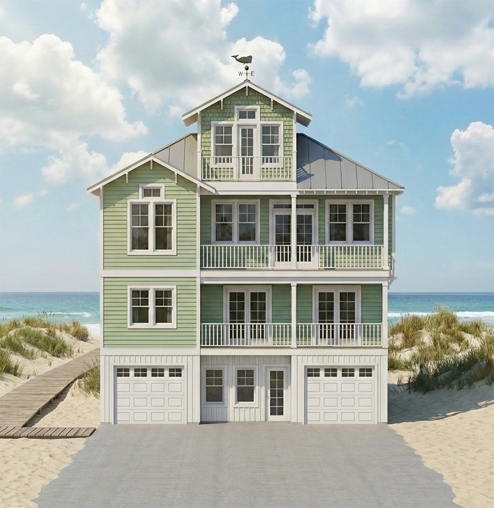 A multi-story beach house with green siding, white trim, multiple windows, balconies, and a small garage, situated on a sandy beach with dunes and a wooden pathway leading to the house, near the ocean under a partly cloudy sky.