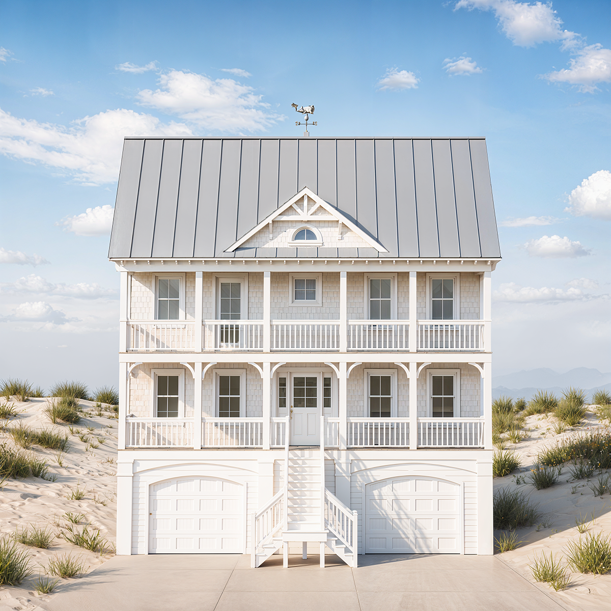 A three-story beach house with white siding, a metal roof, and a front porch, situated on sandy dunes with grass, under a blue sky with clouds.