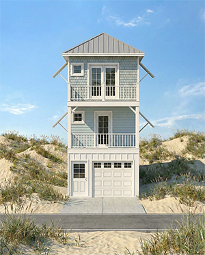 Three-story beach house with a garage at the ground level, a balcony with a sliding glass door on the second floor, and a small window on the top floor, painted in light blue with white trim.