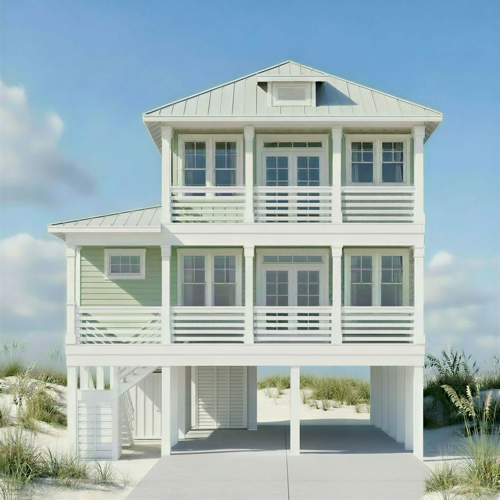 A three-story beach house with light green exterior and white trims, multiple windows, and a light warm gray metal roof, surrounded by sand and grass under a blue sky.
