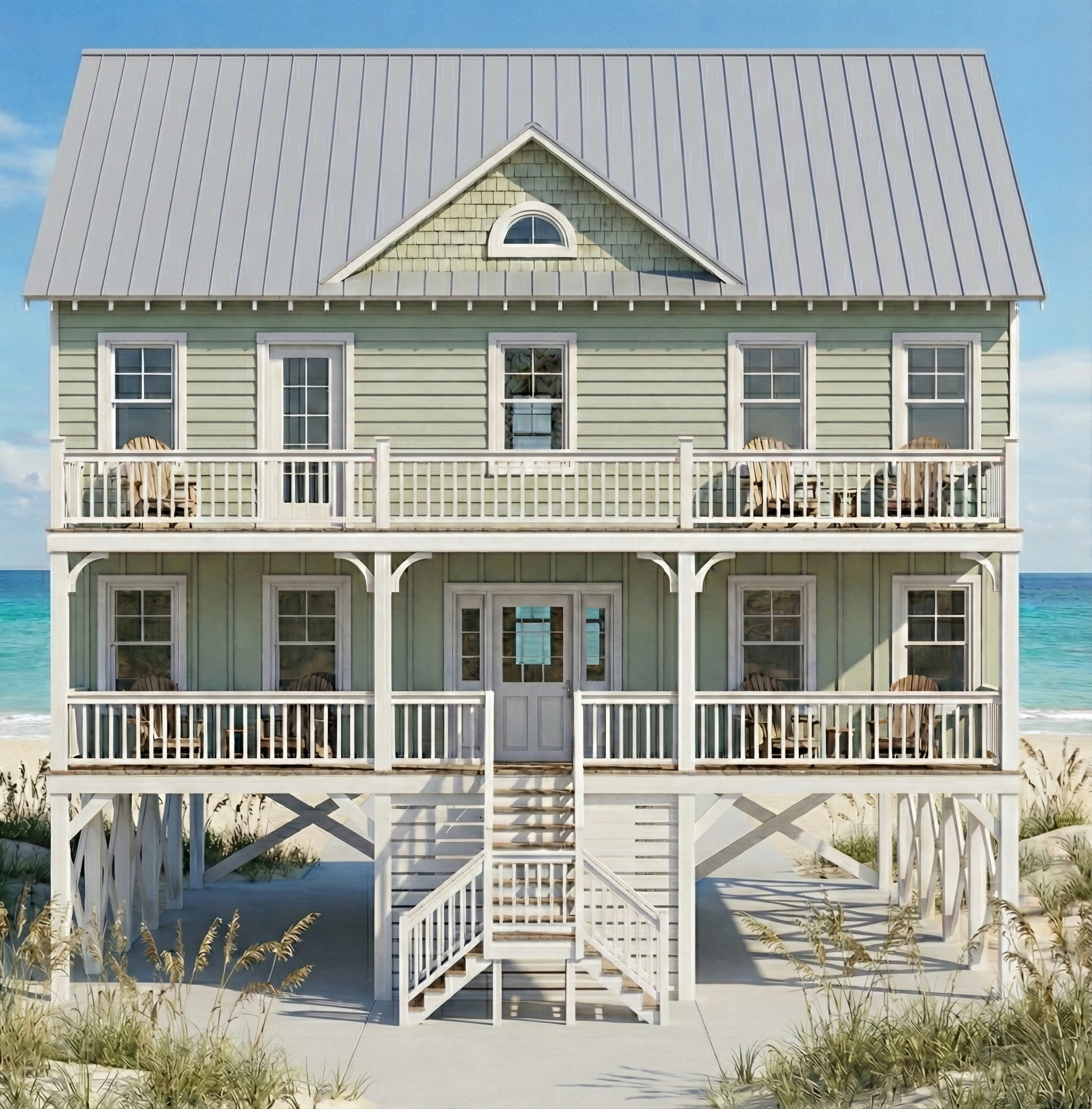A three-story beach house with balconies on each level, overlooking the ocean, with stairs leading to the sand, surrounded by beach grass.
