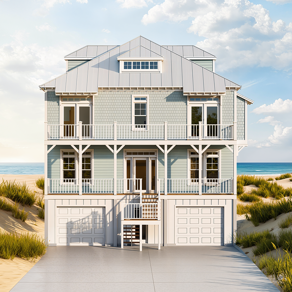 A three-story beach house with blue and gray exterior, white railings, and multiple large windows, situated on sandy dunes near the ocean, under a partly cloudy sky.
