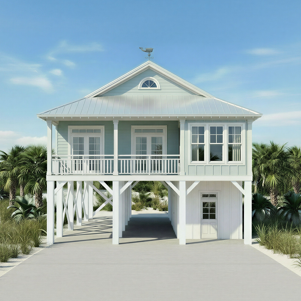 A light blue beach house on stilts with a metal roof, front porch with railing, surrounded by palm trees and sand, under a clear blue sky.
