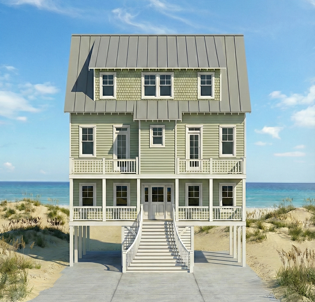 A light green, three-story beach house with a staircase and wraparound porch, set against a backdrop of the ocean and a clear blue sky.