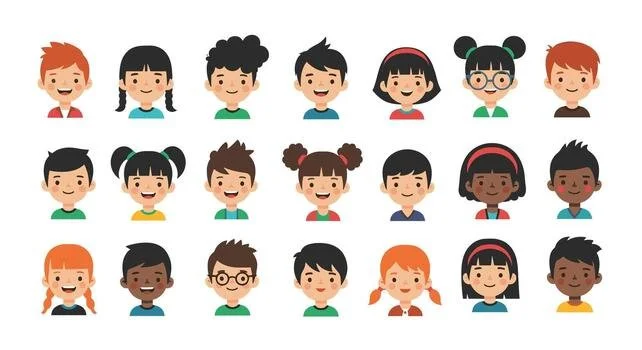 Grid of many diverse cartoon avatars of children