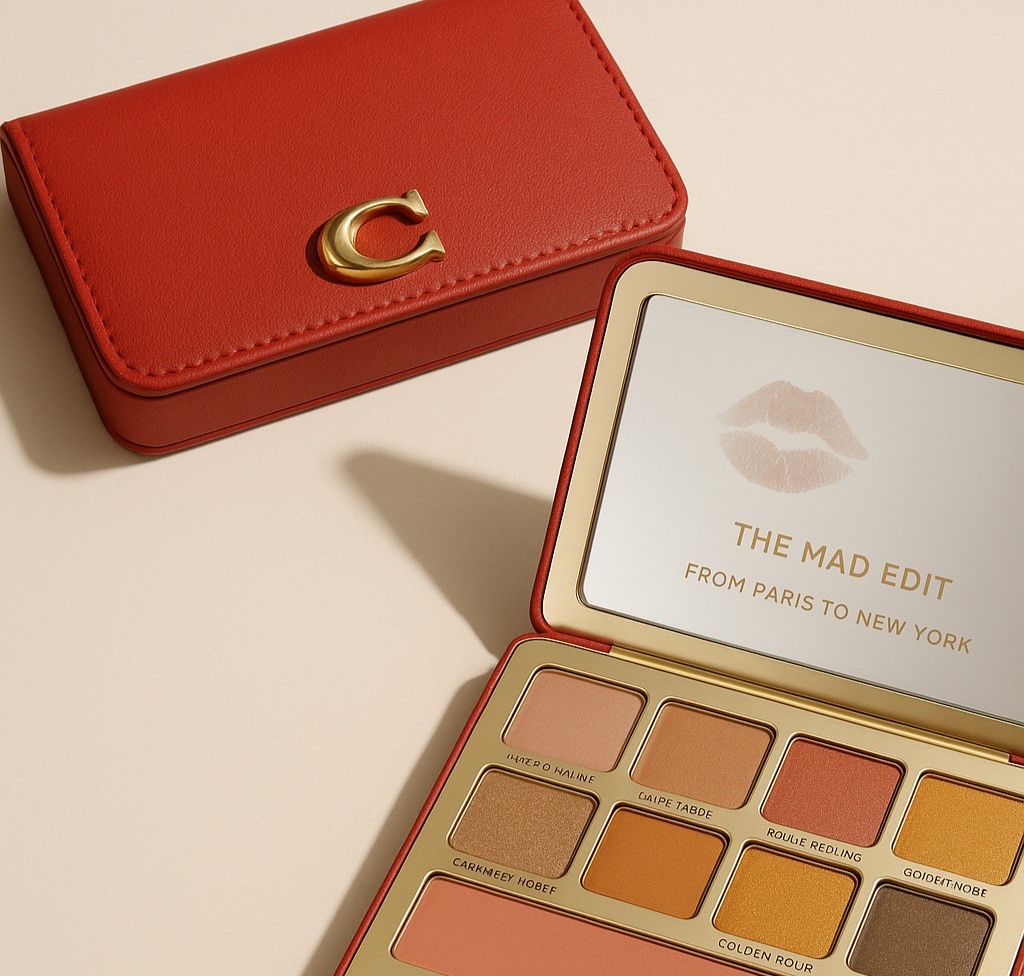 A red makeup palette case with a gold letter 'C', situated next to an open eyeshadow palette labeled 'The Mad Edit' and displaying a collection of eyeshadows in a variety of neutral and warm shades.