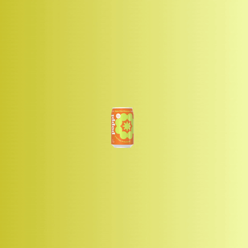 A can of Poppi soda floating against a yellow background.