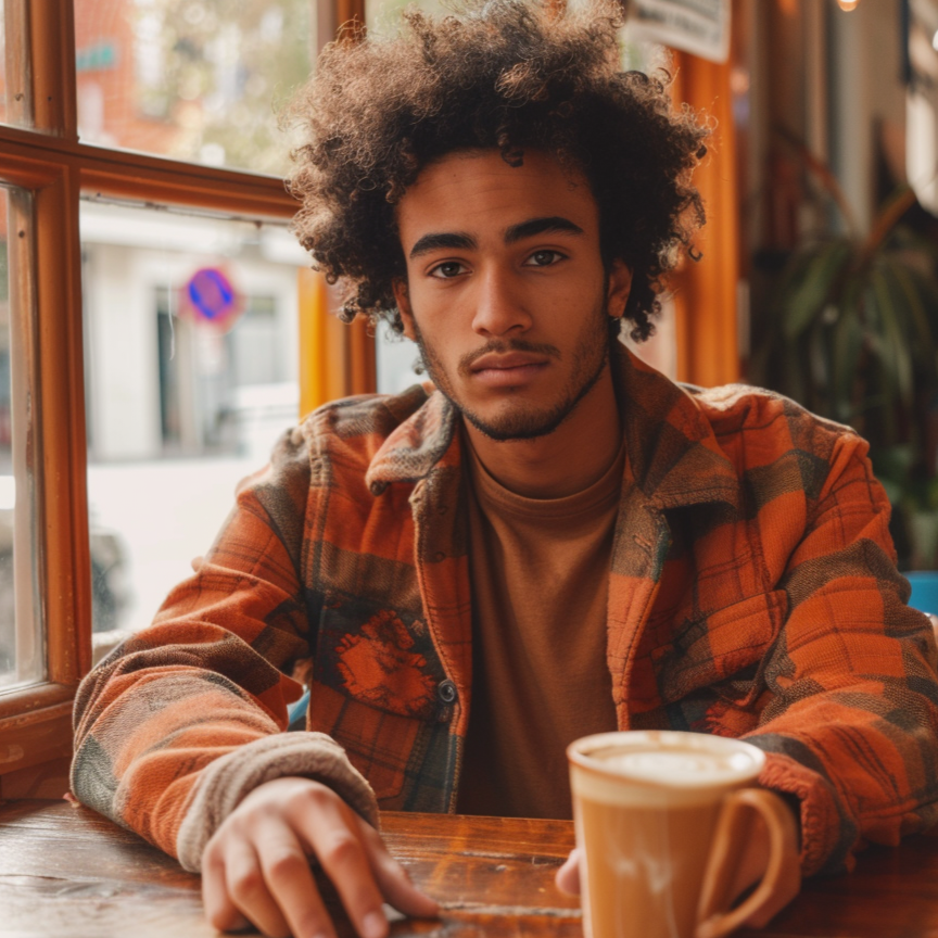 A young man with curly hair, wearing a plaid jacket, sitting at a wooden table inside a cafe with a coffee mug in front of him, gazing at the camera.