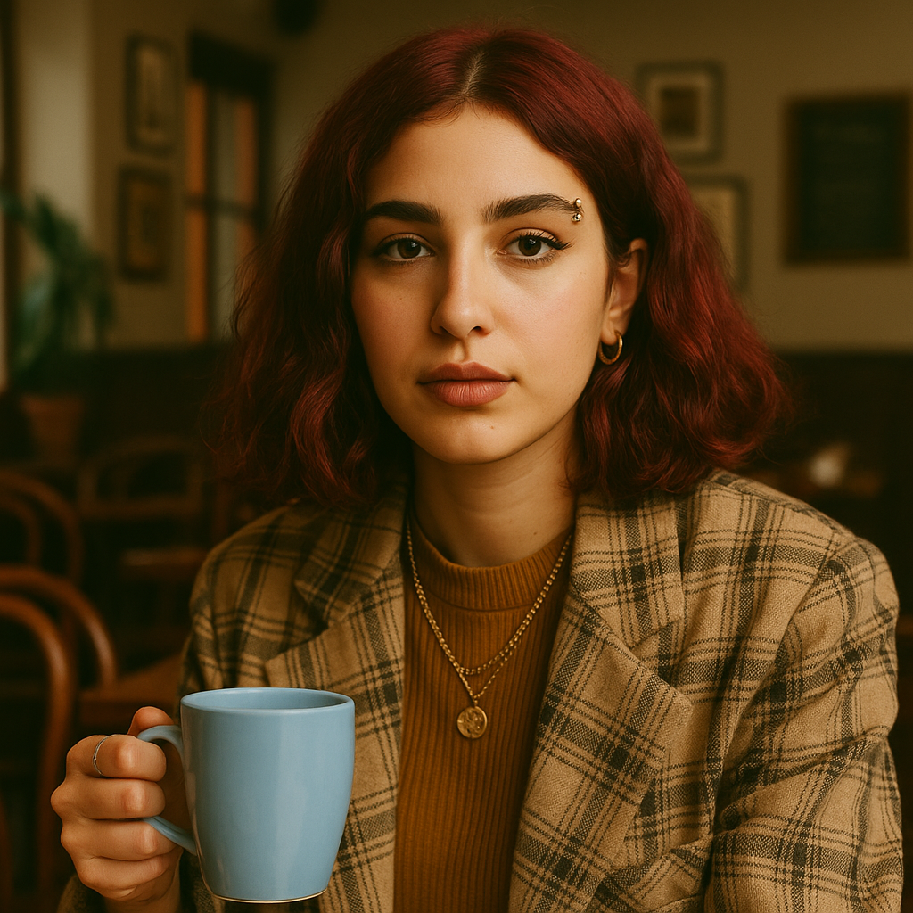 A young woman with red wavy hair and eyebrow piercings sitting at a table in a cozy cafe, holding a light blue mug and looking directly at the camera.