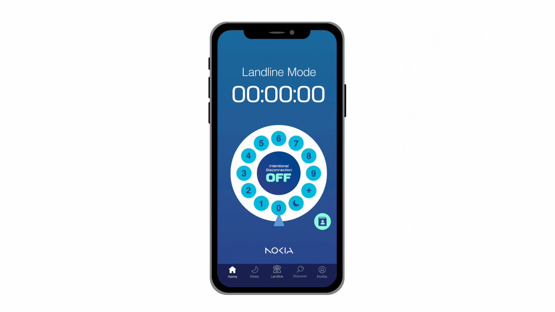 Smartphone screen displaying a navigation app with a circular keypad for landline mode, a timer set to 00:00:00, and navigation buttons at the bottom for Home, Sleep, Landline, Discover, and Profile.