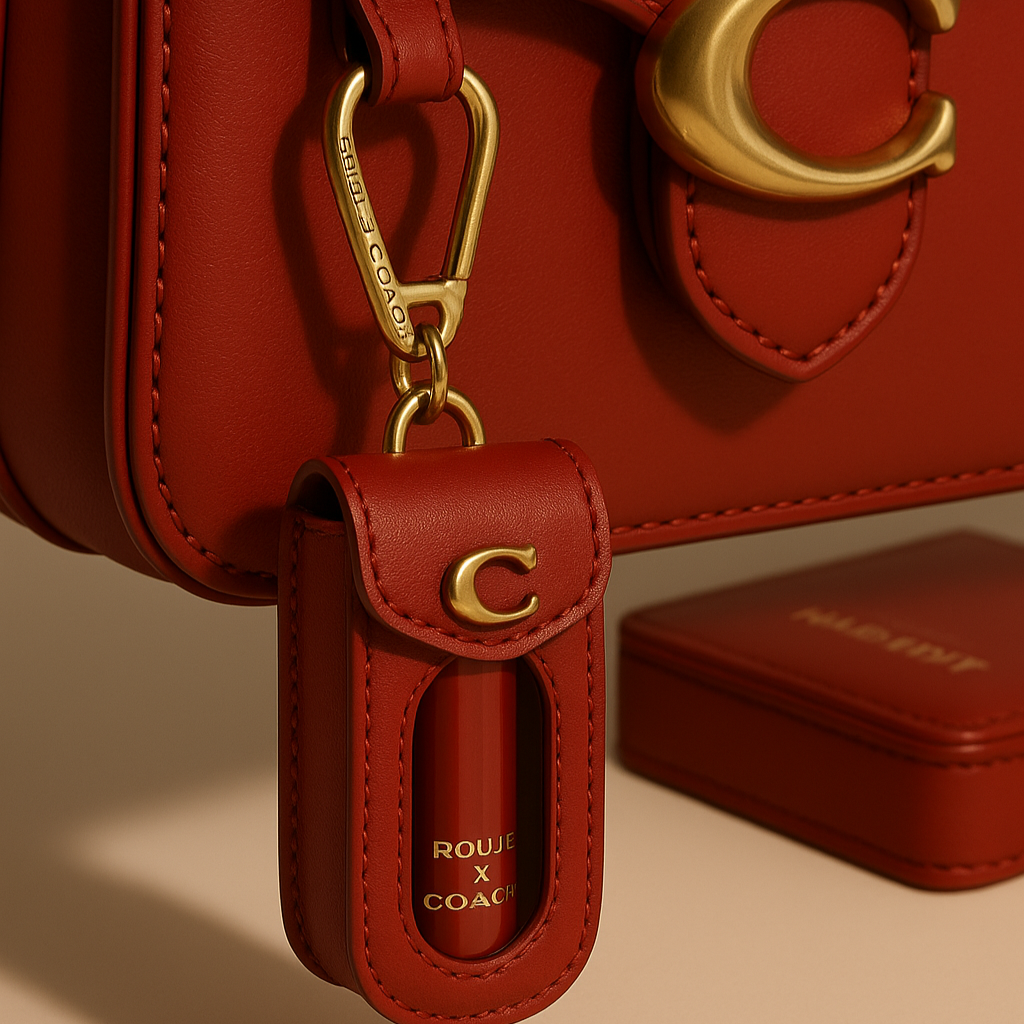 Close-up of a red Coach handbag with gold hardware and a matching red lipstick keychain that has a gold 'C' emblem, with a small red coach case in the background.