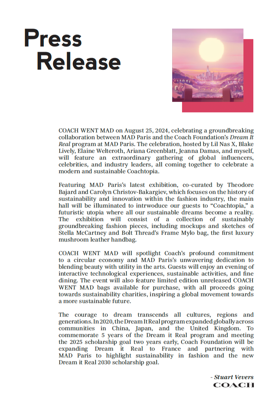 Press release document announcing the COACH WENT MAD event on August 25, 2024, celebrating collaboration between MAD Paris and the Coach Foundation's Dream It Real program, with details of the event's features and goals.