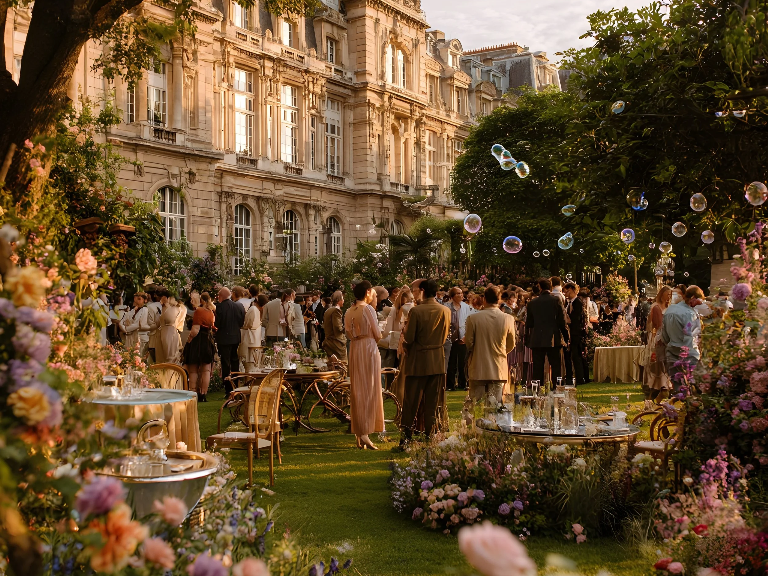 A garden party gathering in the evening sunlight with elegant guests mingling among decorated tables and blooming flowers in front of a grand historic building, with bubbles floating in the air.