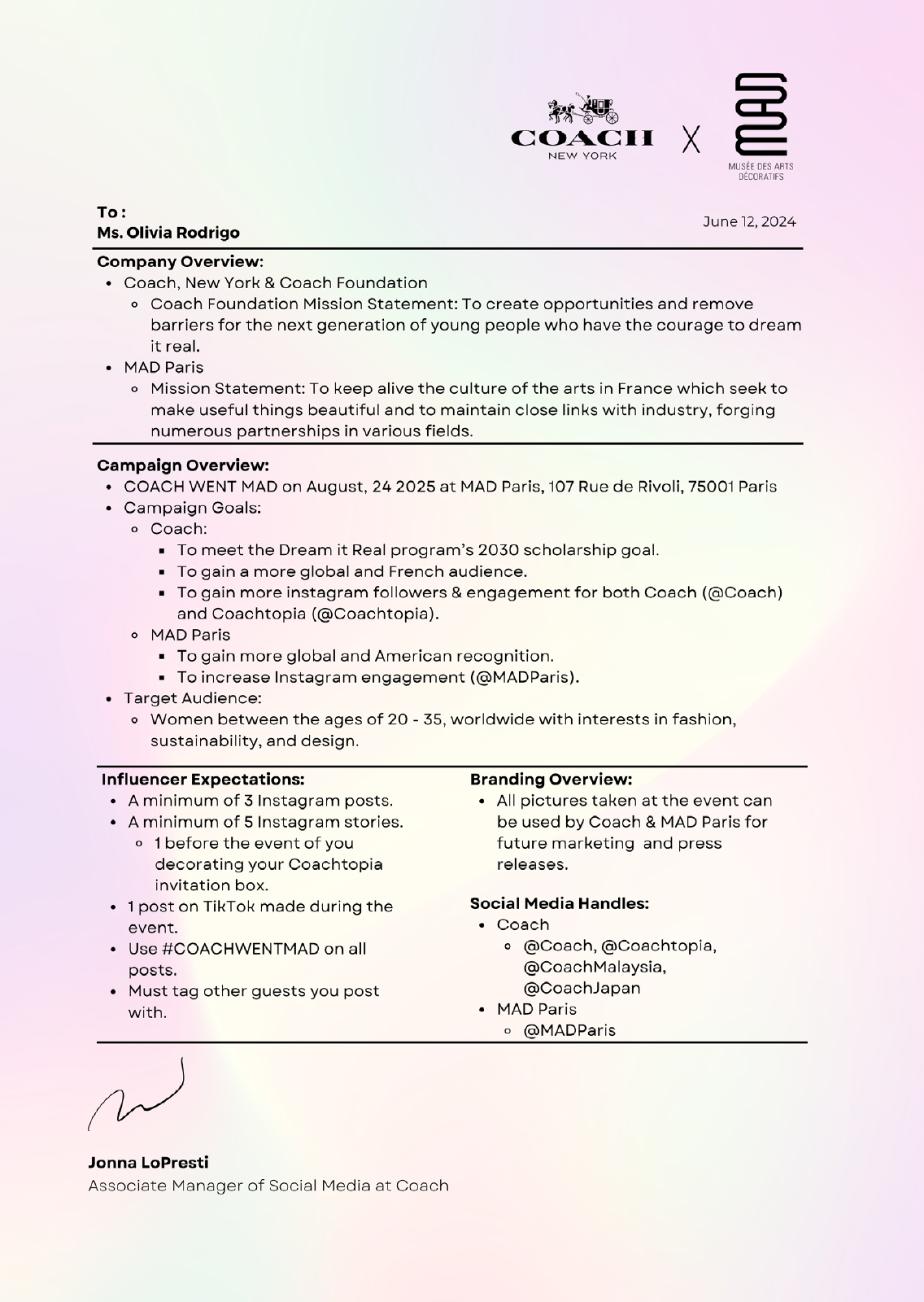 A printed document on a pink and light green gradient background, detailing a partnership campaign between Coach New York and MAD Paris, including company overviews, campaign goals, influencer expectations, branding, and social media information, with signatures and logos at the top.