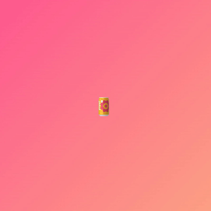A colorful soda can with a pink and yellow floral design on a pink and peach gradient background.