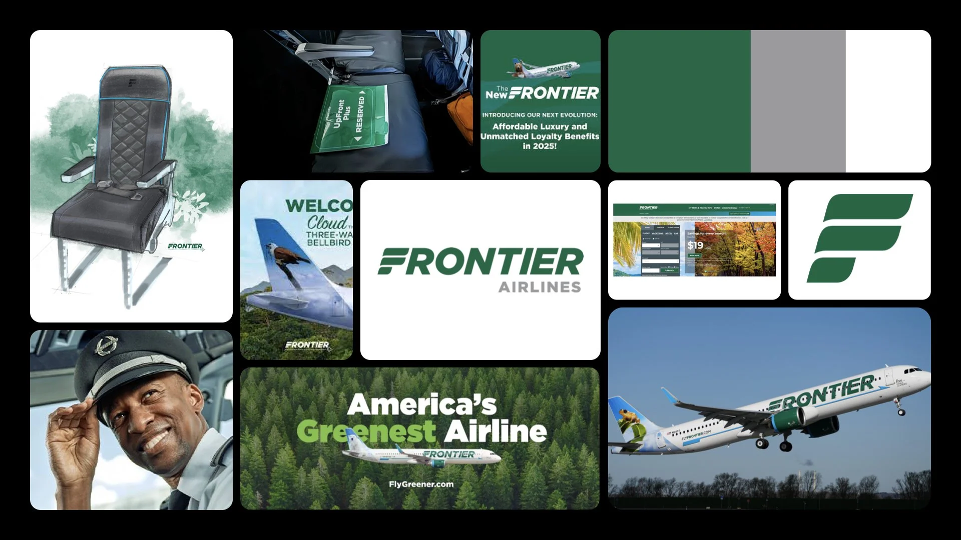 A collage of images related to Frontier Airlines, including an airplane with a bird illustration on the tail, promotional materials, a flight attendant, an airline seat, and logos, emphasizing eco-friendliness and loyalty rewards.