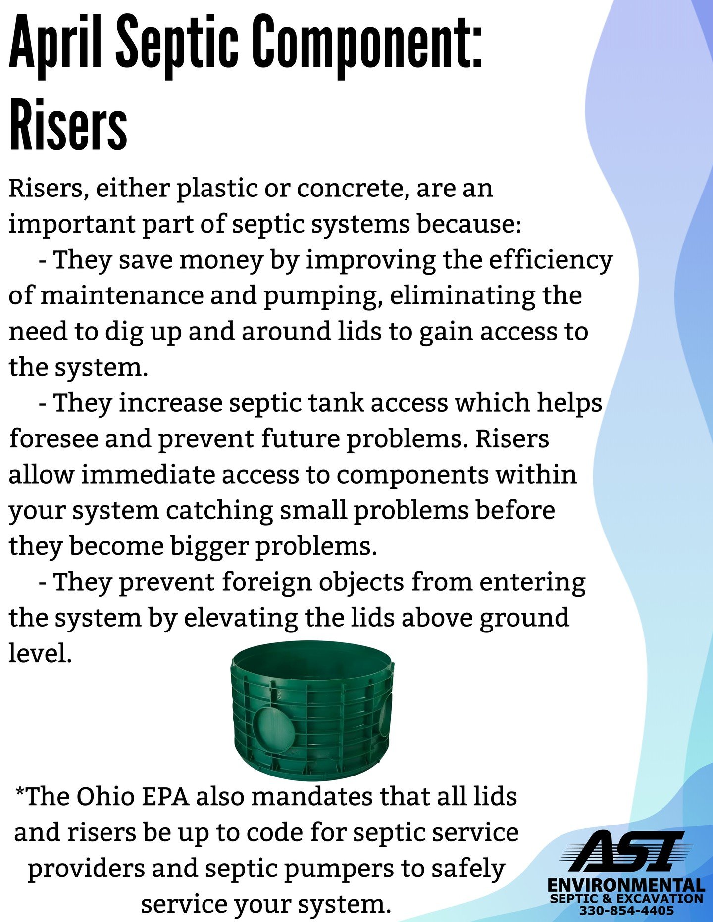 Our fourth monthly highlight is here, and we are highlighting&hellip; Risers!🎉💩💙

Risers, either plastic or concrete, are an important part of septic systems because:
-They save money by improving the efficiency of maintenance and pumping, elimina