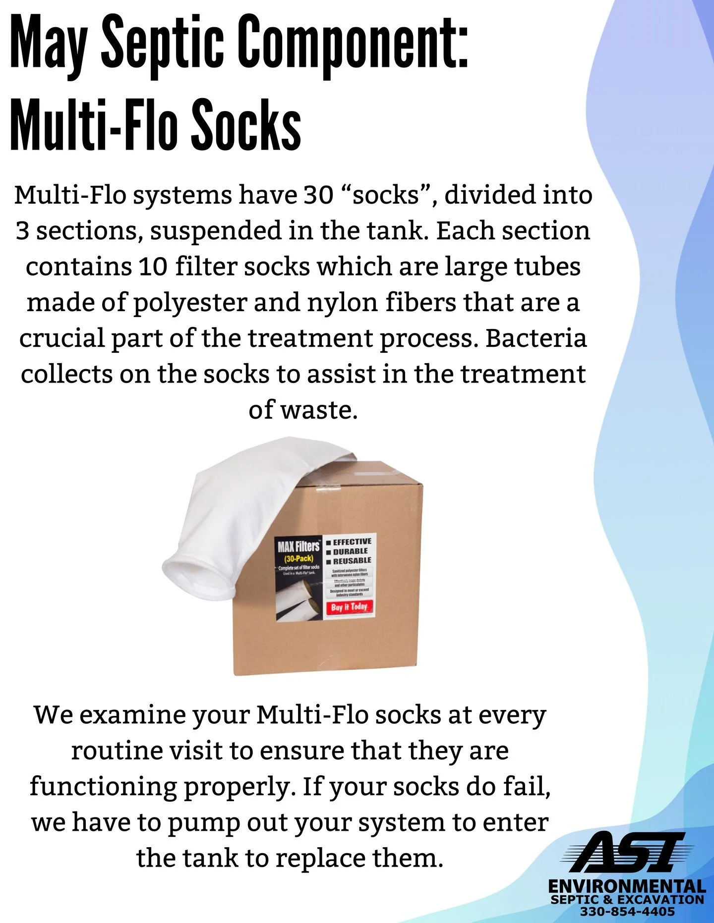 Our fifth monthly highlight is here, and we are highlighting&hellip; Multi-Flo socks!🎉💩💙

Multi-Flo systems have 30 &ldquo;socks&rdquo;, divided into 3 sections, suspended in the tank. Each section contains 10 filter socks which are large tubes ma