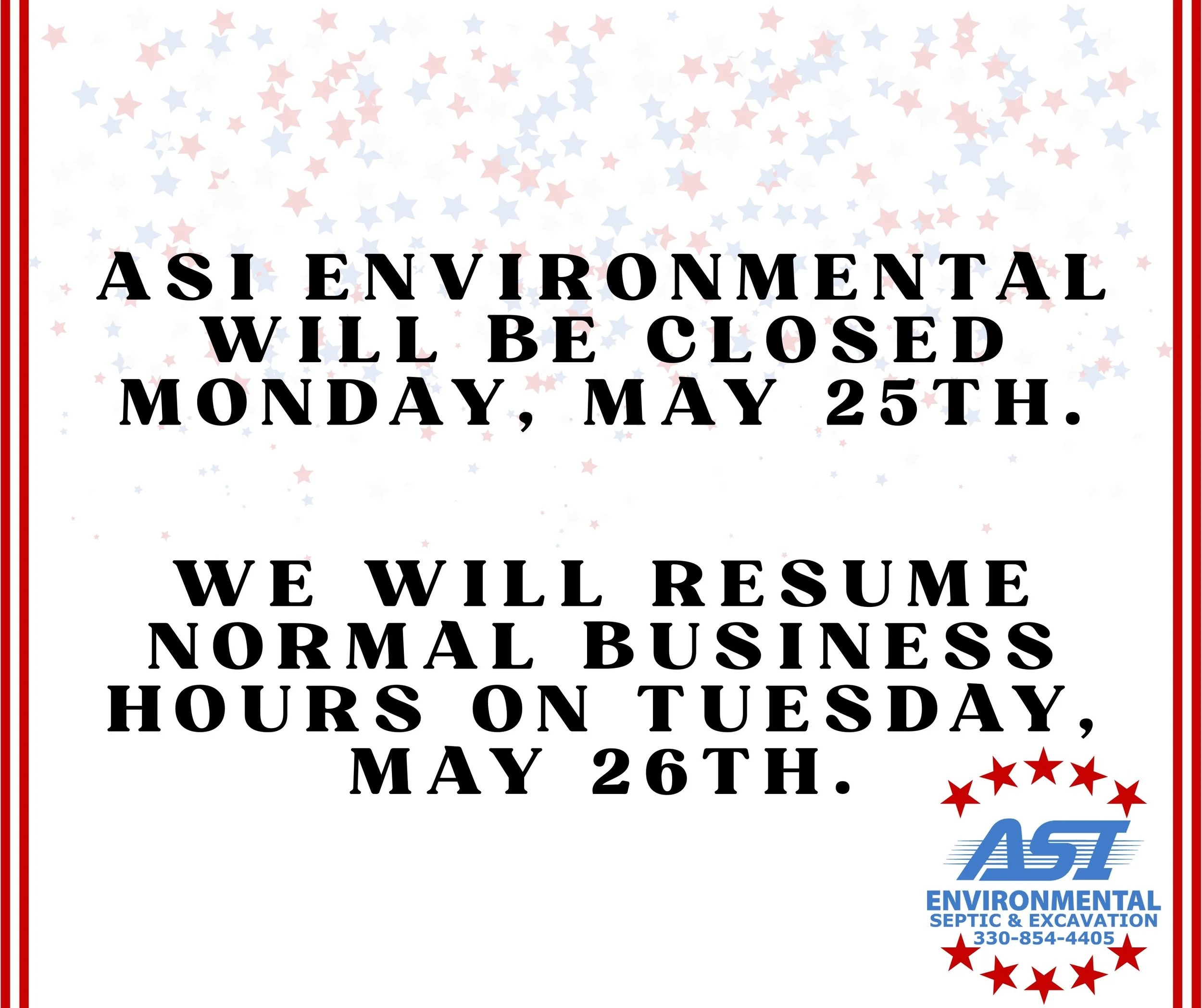 ASI Environmental will be closed on Monday, May 25th in observance of Memorial Day. We will reopen with normal business hours on Tuesday, May 26th.