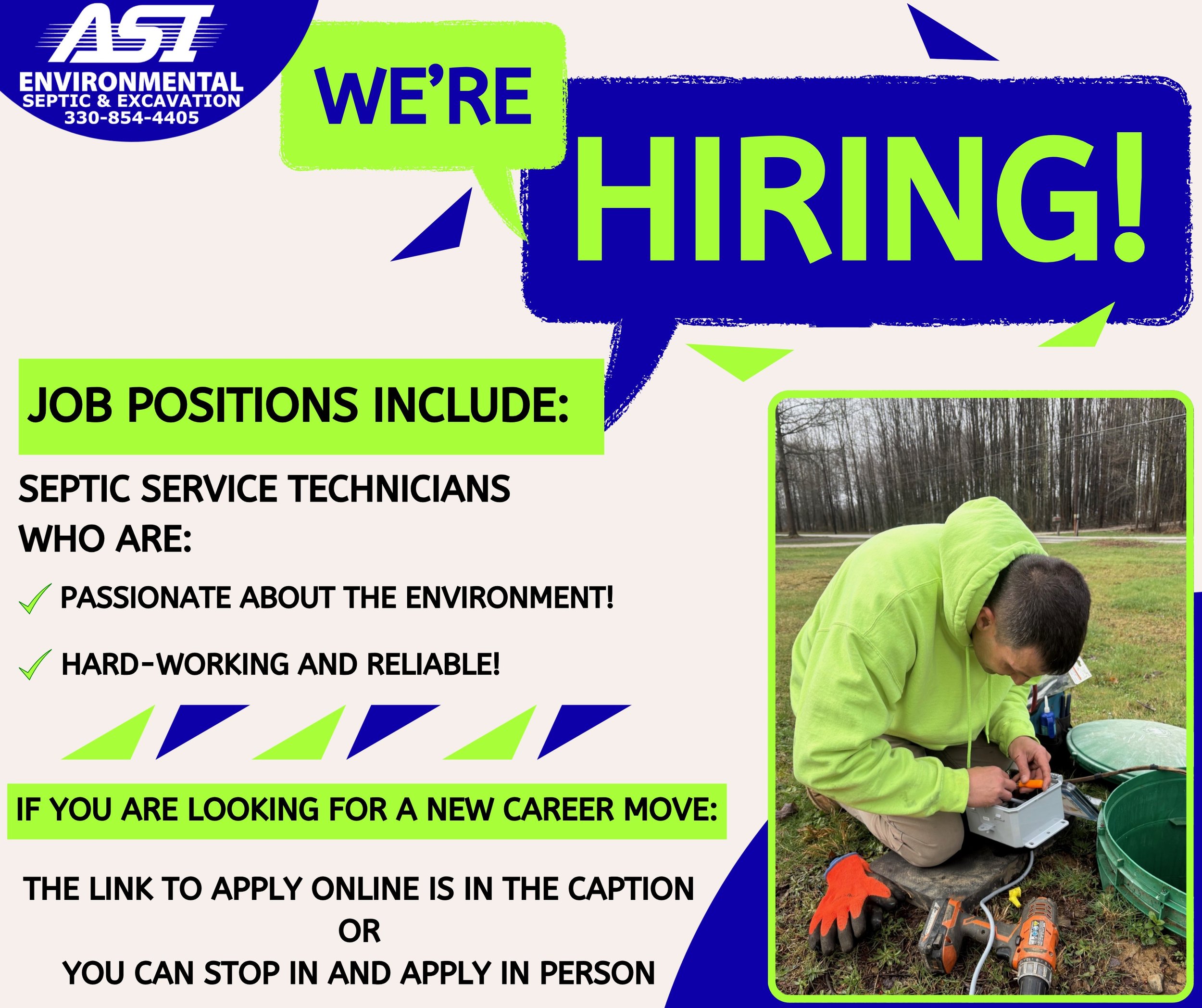 We are HIRING!🎉

If you are looking for a new career move where you can grow we are hiring septic service technicians. NO prior experience needed! The FULL description, and application are linked below! OR you can apply in person at 775 Elm Ridge Av