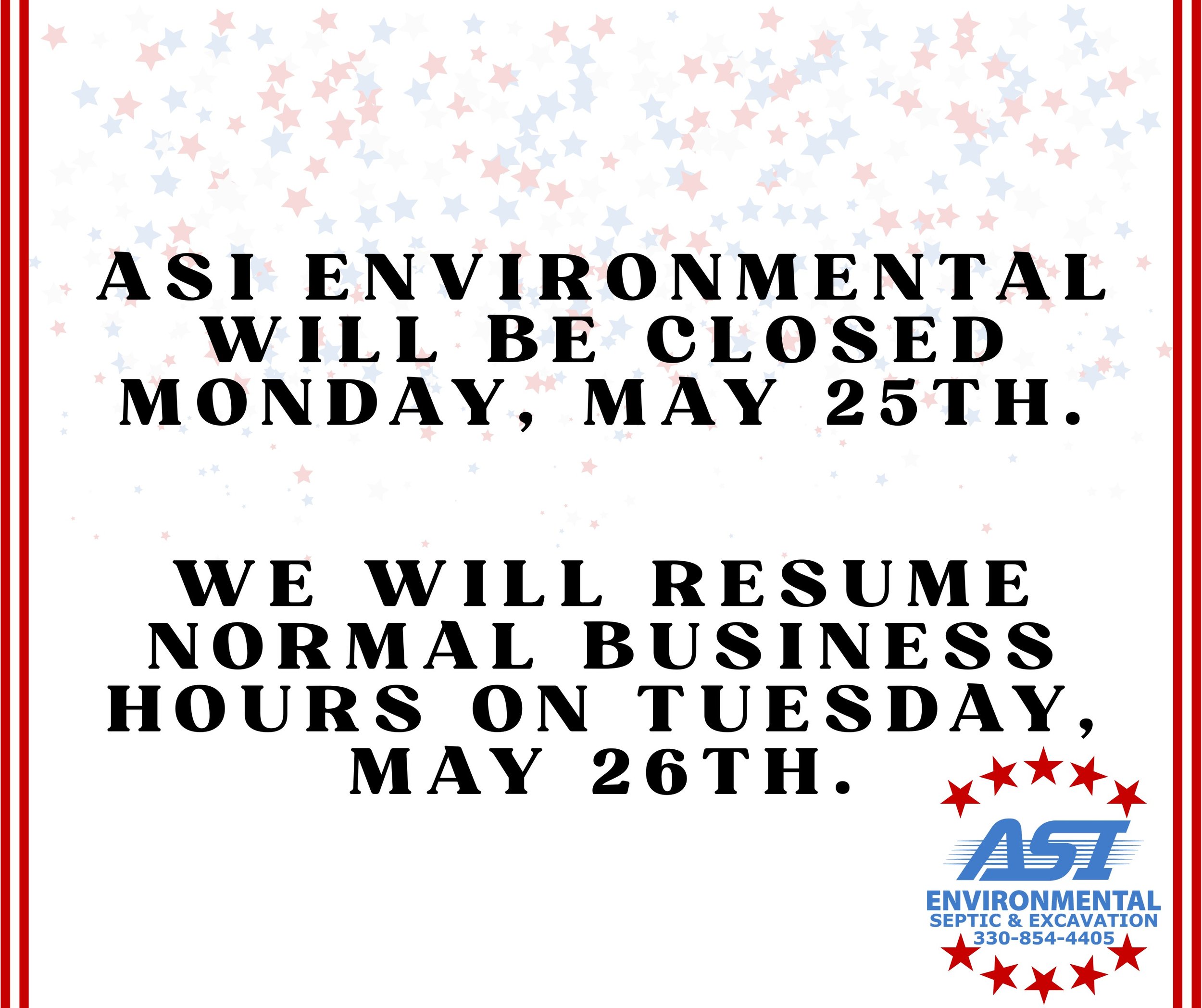 ASI Environmental will be closed on Monday, May 25th in observance of Memorial Day. We will reopen with normal business hours on Tuesday, May 26th.