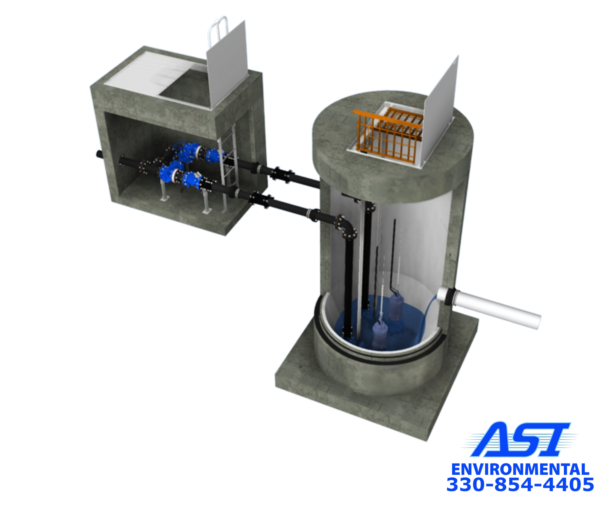 This image is of a Duplex Lift Station that features the valve vault and wet well with an open hatch and clear walls to see the internal components