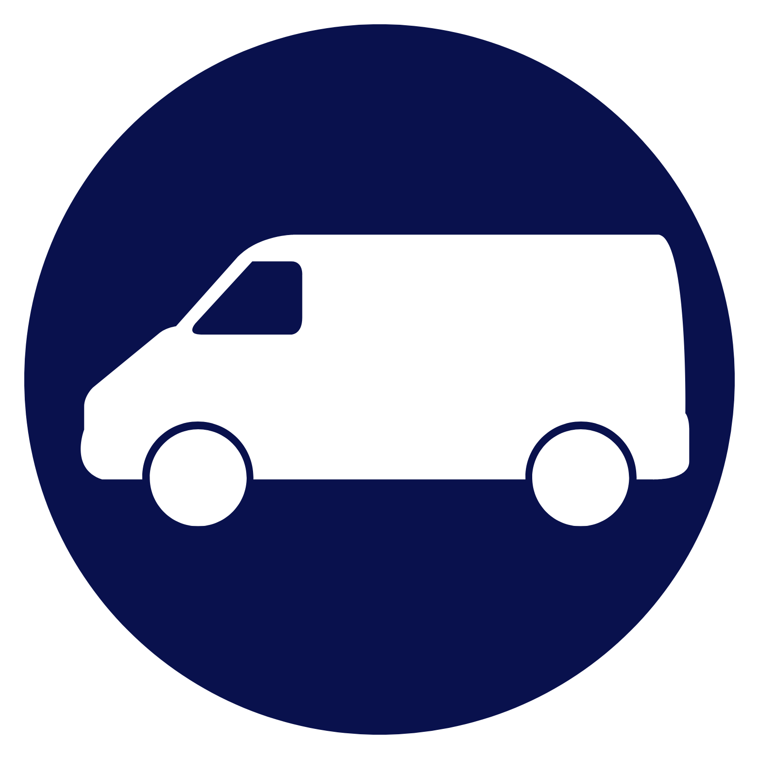 Icon of a white delivery van inside a navy blue circle.