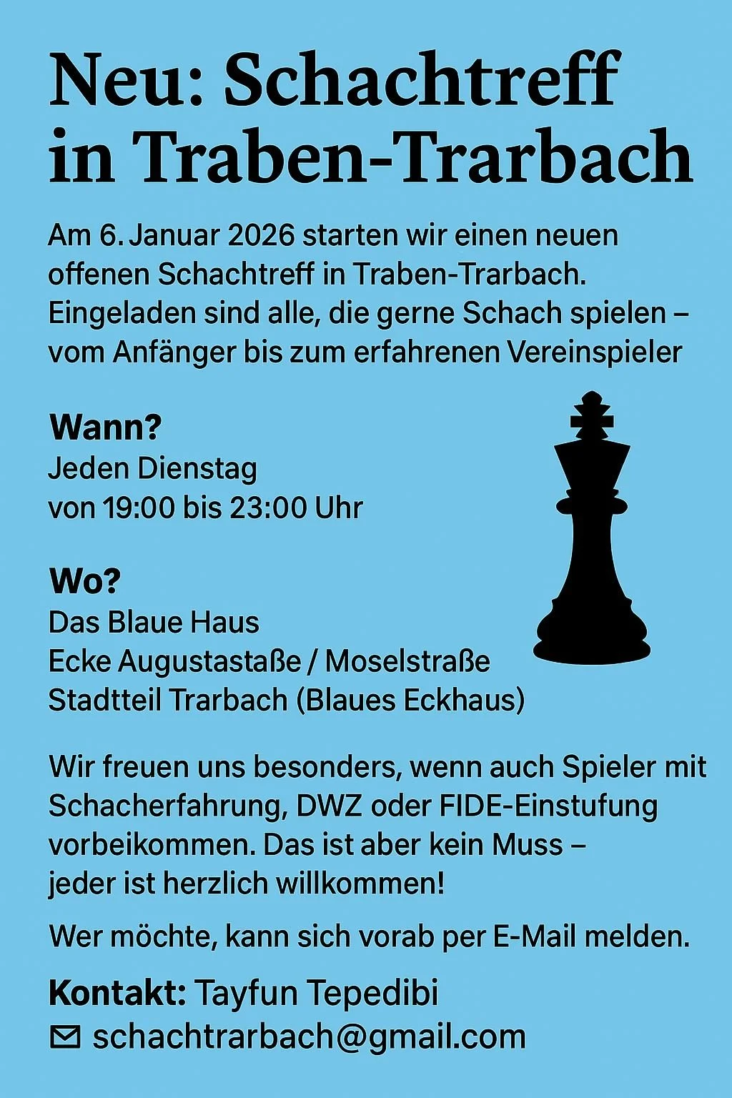 SCHACHTREFF JEDEN DIENSTAG UM 19.00-23.00 UHR – ab den 6. Januar 2026