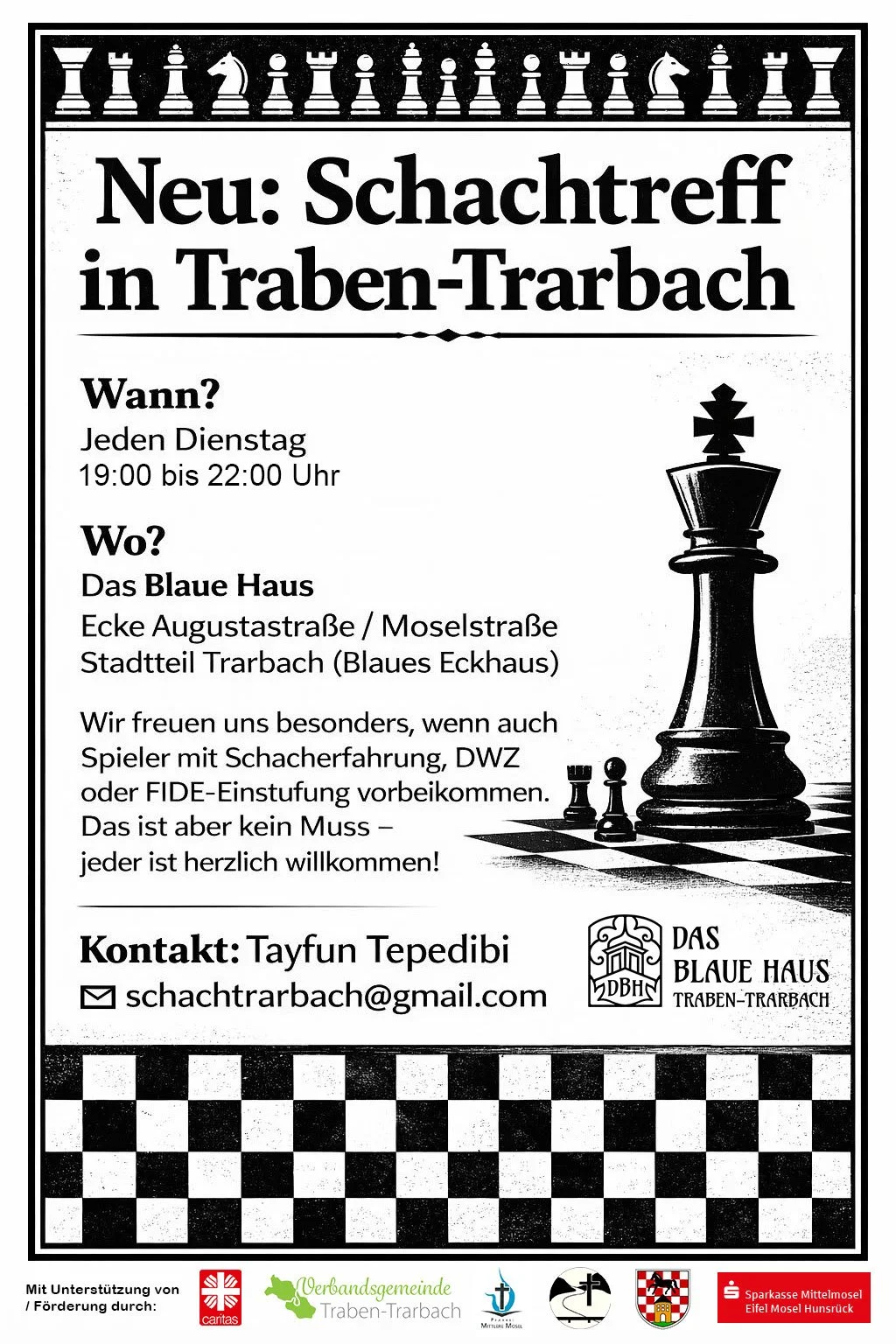 SCHACHTREFF JEDEN DIENSTAG UM 19.00-22.00 UHR (neue Uhrzeit)
