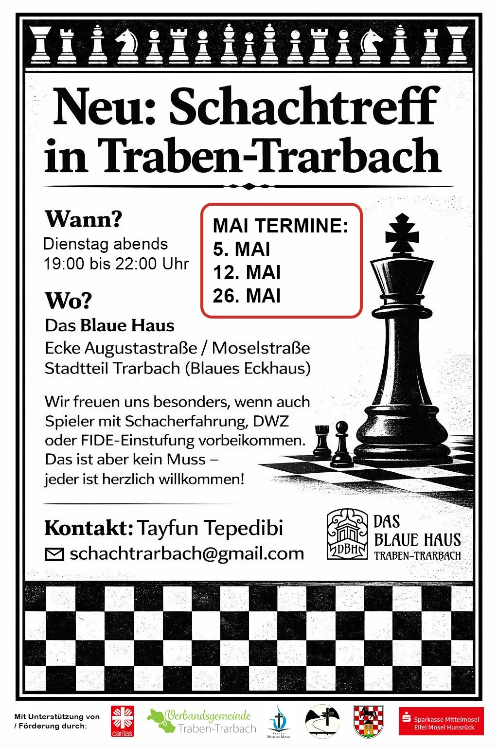 SCHACHTREFF, Dienstags um 19.00-22.00 Uhr — neue Termine im MAI