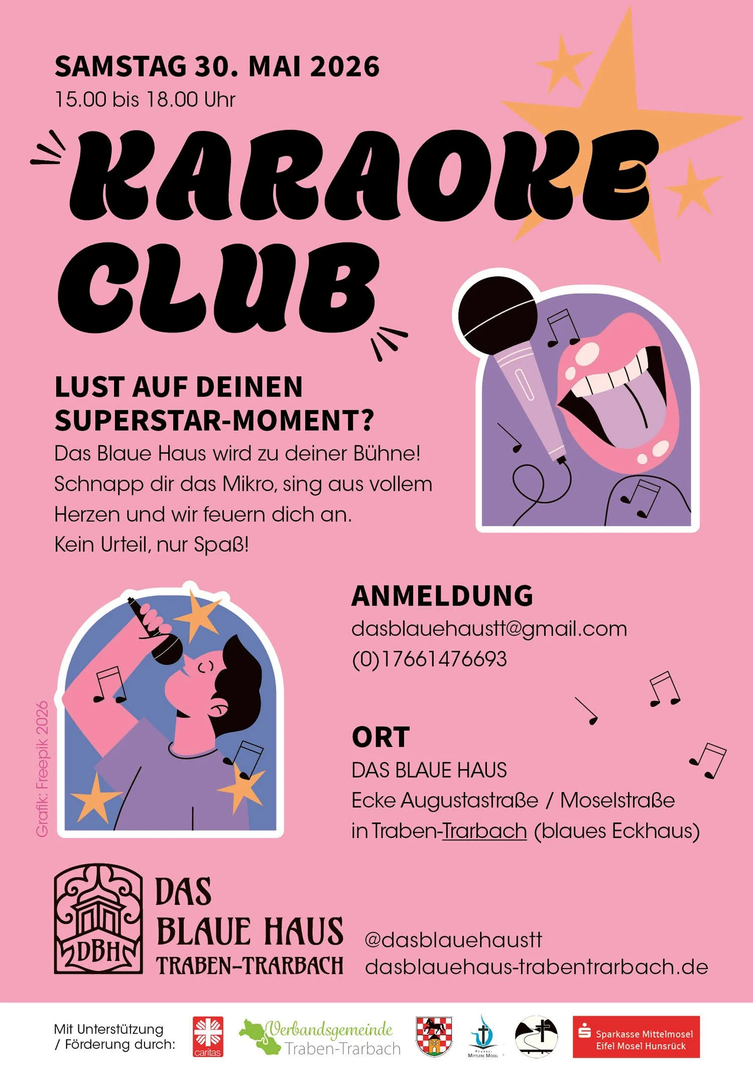 KARAOKE CLUB im Blauen Haus– Samstag der 30. Mai 2026 um 15.00 - 18.00 Uhr