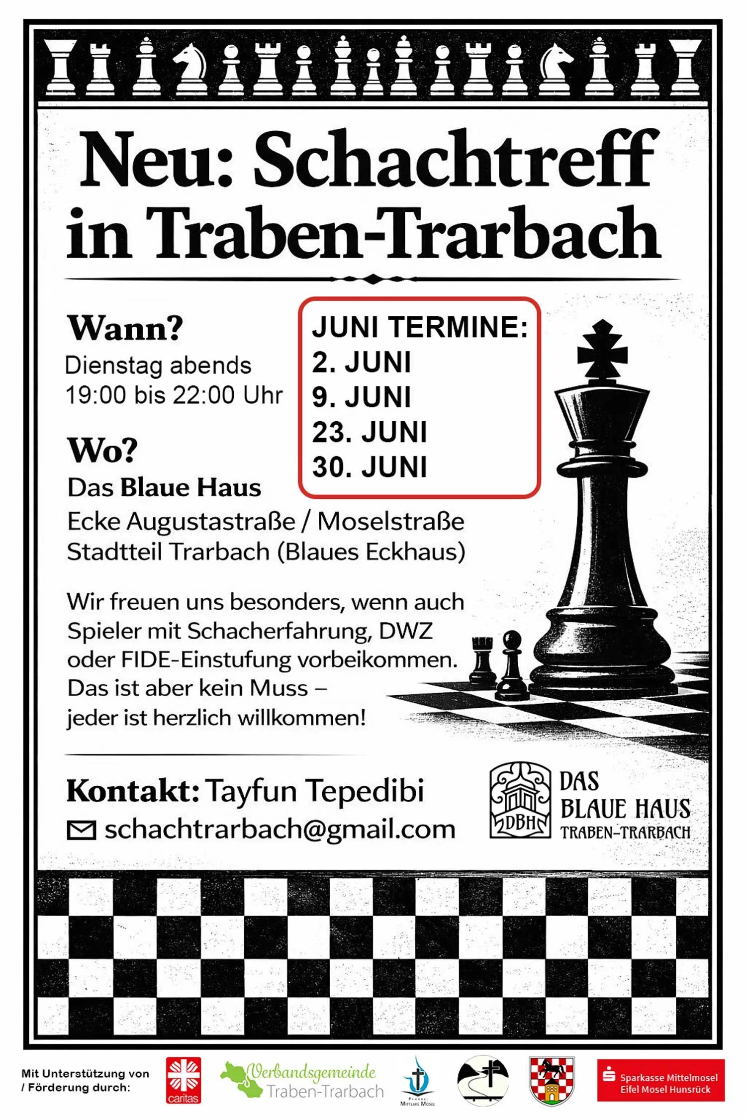 SCHACHTREFF, Dienstags um 19.00-22.00 Uhr — neue Termine im JUNI 2026