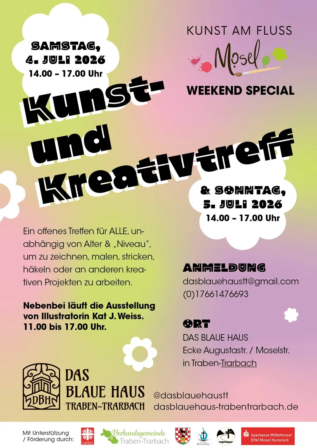 KUNST- UND KREATIVTREFF im Blauen Haus– “Kunst am Fluss” Weekend Special — Samstag 4. Juli und Sonntag 5. Juli