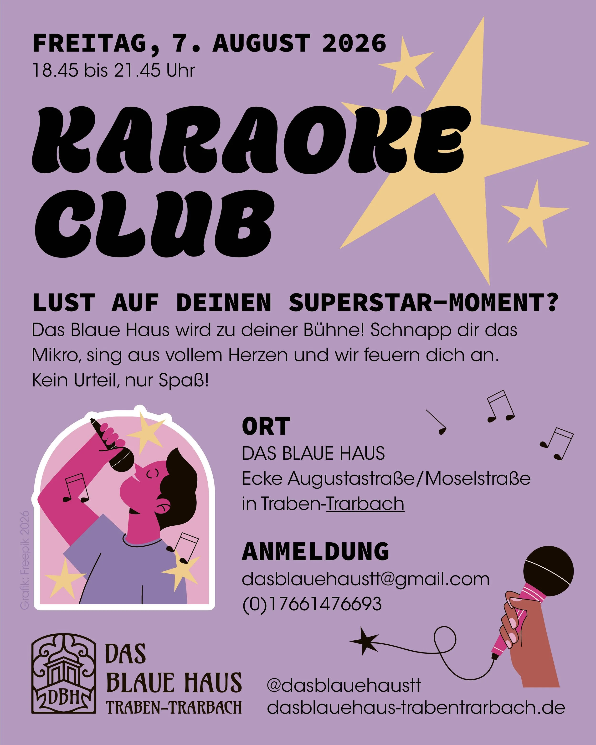 KARAOKE CLUB im Blauen Haus– Freitag der 7. August 2026 um 18.45 - 21.45 Uhr